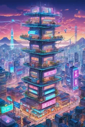 cybertown,cybercity,cyberport,megapolis,skyscraper town,fantasy city,electric tower,skyscraper,cyberworld,tokyo city,colorful city,chengli,futuristic landscape,microdistrict,kowloon,skyscraping,cyberia,sky city,kamurocho,cyberpunk,Illustration,Japanese style,Japanese Style 01