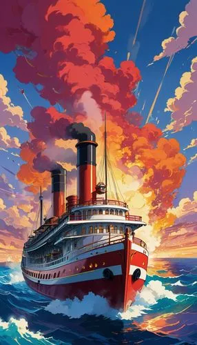 The roar of its steam engine fills the air as it sails through the vast expanse of the ocean, its sleek lines reflecting the bright lights of the 1930s. The vessel is adorned with advanced technology 