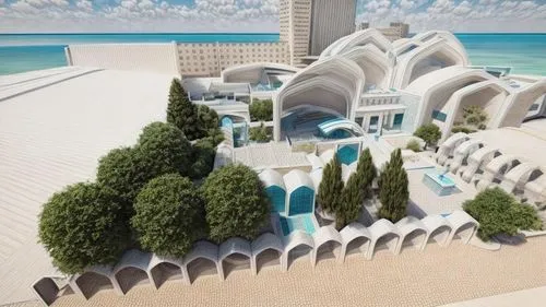 Realistic rendering of the Aghamiri Art Cultural Foundation with Iranian arches and white, pale blue, and turquoise colors. 
And the background of the city,an artist's rendering of a unique building,j