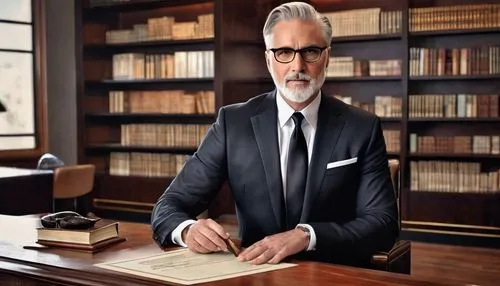 Modern architect, mature man, glasses, professional attire, white shirt, black tie, dark suit, certificate in hand, standing, office background, wooden desk, leather chair, bookshelves, natural light,