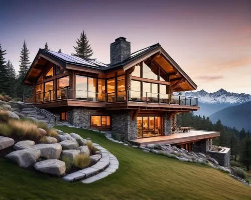 Mountain home, modern architectural design, wooden structure, large windows, sliding glass doors, stone walls, green roof, solar panels, winding staircase, open concept living room, floor-to-ceiling w