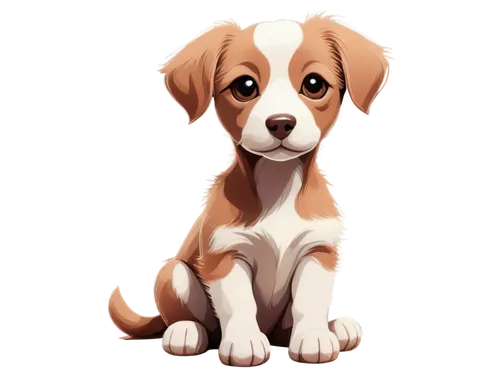 Cartoon dog, white outline, simple shape, cute facial expression, big brown eyes, floppy ears, pink nose, fluffy body, short legs, sitting posture, front view, 3/4 composition, soft focus, pastel colo