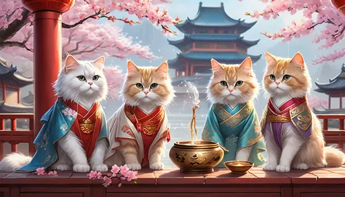 chinese pastoral cat,cat family,lucky cat,spring festival,kitsune,dongfang meiren,auspicious,oriental,chinese art,felines,oriental painting,lanterns,cat lovers,kittens,chinese temple,asian culture,happy chinese new year,cat supply,offerings,cats,Illustration,Realistic Fantasy,Realistic Fantasy 01