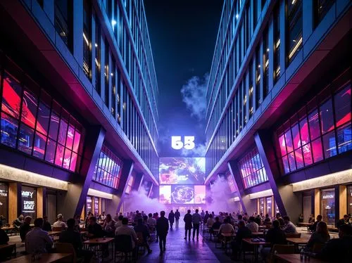 Vibrant music venue, dynamic LED lighting, bold geometric patterns, reflective glass facades, metallic accents, modern angular architecture, urban cityscape, bustling nightlife, neon signs, electric a