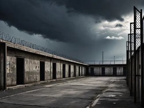 Modern prison, brutalist architecture, concrete walls, iron bars, solitary confinement cell, dimly lit corridors, narrow windows, steel doors, surveillance cameras, uniformed guards, restricted freedo