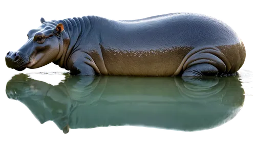 Hippo, back view, fat body, short legs, wet skin, shiny fur, green water reflection, ripples on water surface, soft focus, warm lighting, panoramic view, 3/4 composition, blurred background.,hippopota