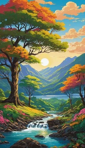 landscape background,colorful tree of life,river landscape,nature background,nature landscape,mountain landscape,paisaje,nature wallpaper,forest landscape,colorful background,robert duncanson,mushroom landscape,landscape nature,mountain scene,fantasy landscape,beautiful landscape,cartoon video game background,brook landscape,an island far away landscape,watercolor tree,Illustration,Japanese style,Japanese Style 06