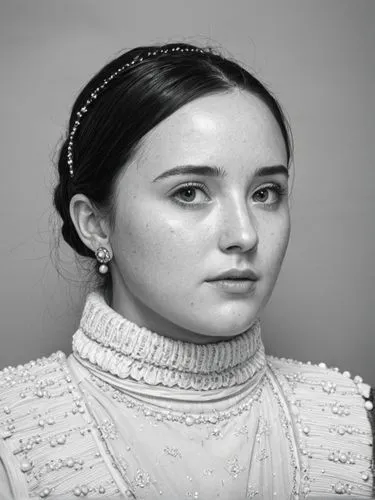 a beautiful young lady wearing a pearls headpiece in black and white,mcmorrow,teodorescu,mustafina,moskvina,turtleneck,dushevina,Photography,Black and white photography,Black and White Photography 01