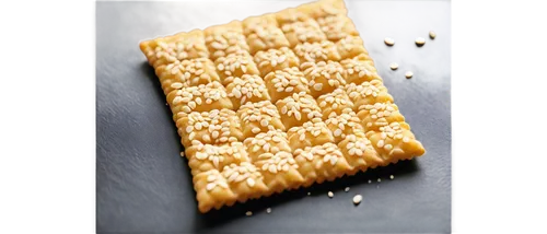 Cracker, snack food, golden brown, crunchy texture, rectangular shape, ridged surface, savory flavor, white sesame seeds, scattered on top, slight shine, soft focus, warm lighting, 3/4 composition, sh