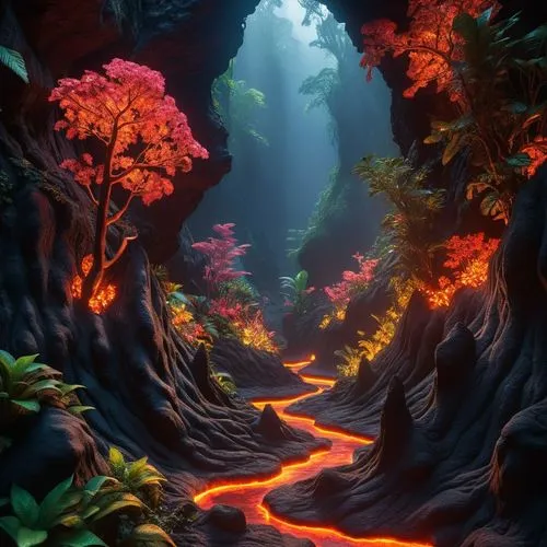 Detailed 3d view,the pathway is lit up with red lights,lava river,fantasy landscape,fairy forest,fantasy picture,cartoon video game background,3d fantasy,Photography,Artistic Photography,Artistic Phot