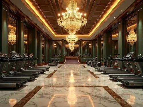 Luxurious fitness club interior, ornate chandeliers, polished marble floors, lavish green walls, sleek modern equipment, mirrored ceilings, grand staircase, opulent furnishings, rich wood accents, amb