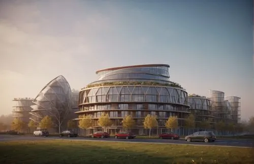 an artist's impression of the exterior of a glassy building,autostadt wolfsburg,blavatnik,europan,skolkovo,technopolis,reichstag,Photography,General,Cinematic