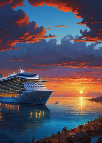 Describe the mesmerizing sunset over the Oasis of Seas,cruise ship,sea fantasy,ocean liner,costa concordia,passenger ship,cruise,oasis of seas,queen mary 2,world digital painting,reefer ship,ship trav