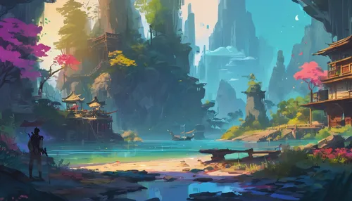 fantasy landscape,underwater oasis,futuristic landscape,cave on the water,fairy village,fairy world,ancient city,underwater landscape,lagoon,river landscape,canyon,world digital painting,fishing village,an island far away landscape,sea caves,fantasy world,waterfall,mushroom landscape,high landscape,backwater,Conceptual Art,Fantasy,Fantasy 02