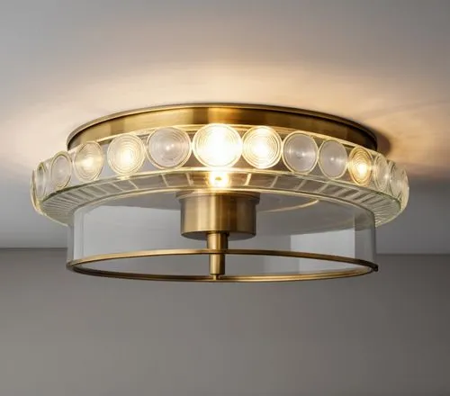 glass disc flush mount finish in antique brass,a close up of a light in a room,ceiling light,ceiling lamp,foscarini,halogen spotlights,halogen light,ensconce,retro lampshade,ceiling lighting,wall ligh