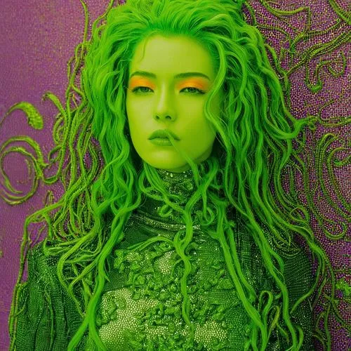 cyberpunk, vaporwave, syfy, 1990, colours orange, yellow, green,an image of the woman with bright green hair,medusa,medusa gorgon,green mermaid scale,dryad,neon body painting,grene,Photography,Documen