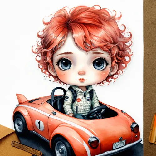 clementine,painter doll,girl and car,car drawing,kewpie doll,two-point-ladybug,mini cooper,digiscrap,redhead doll,small car,toy car,mg mgb,drive,tin car,custom portrait,satsuma age,murcott orange,arti