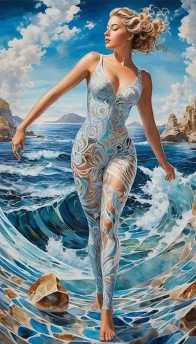 the wind from the sea,mermaid background,the sea maid,mediterranee,amphitrite,sirena,azzurro,the blonde in the river,riverdance,sirene,acqua,water nymph,fluidity,nereid,fischl,ondine,sea water splash,siren,follieri,tidal wave,Art,Classical Oil Painting,Classical Oil Painting 02