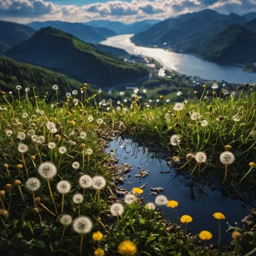 the valley of flowers,dandelion meadow,dandelion field,alpine meadow,lake lucerne,mountain meadow,meadow landscape,eriophorum,meadow,cotton grass,summer meadow,alpine flowers,dandelion flying,mountain flowers,dandelions,hintersee,taraxacum officinale,small meadow,dandelion background,daisies,Photography,General,Fantasy