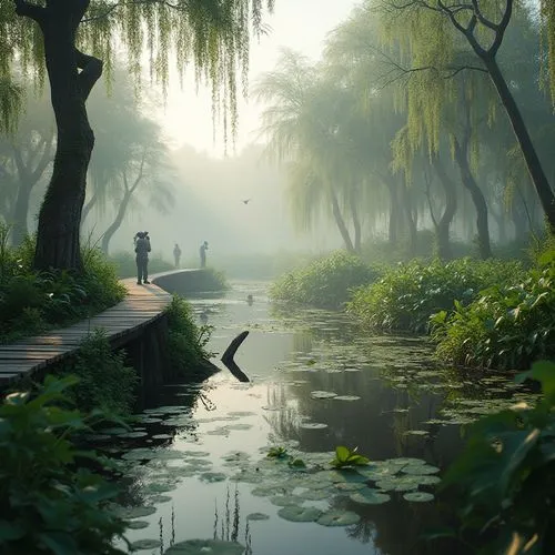 shaoming,backwaters,backwater,swamps,lily pond,river landscape,wetland,morning mist,swamp,foggy landscape,fantasy landscape,bayou,lilly pond,suzhou,wetlands,garden pond,polders,tranquility,nature landscape,forest landscape,Photography,General,Realistic