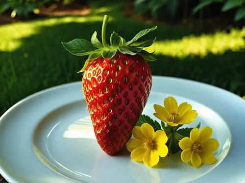 A plump red strawberry with delicate stems and bright yellow stripes sits on a white plate, surrounded by a lush green garden filled with colorful flowers and tall trees. The sun shines through the wi