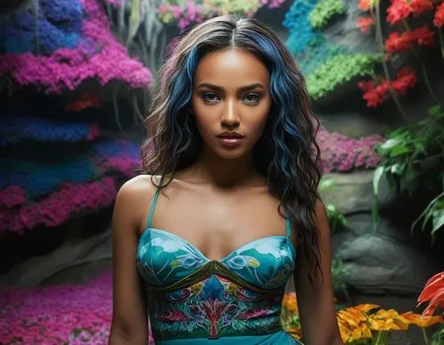 a female in blue top and purple flowers,demetrias,polynesian girl,marshallese,jurnee,leigh,micronesian,Illustration,Realistic Fantasy,Realistic Fantasy 25