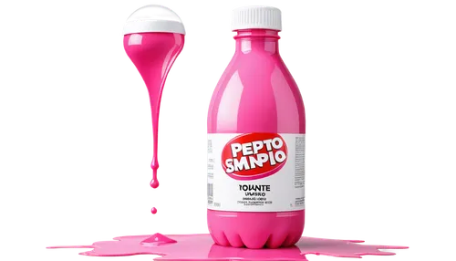 Bottle, Pepto Bismol, pink liquid, white cap, rounded shape, transparent glass, detailed label, shiny surface, softbox lighting, 3/4 composition, shallow depth of field, pastel color tone.,semiao,sipp