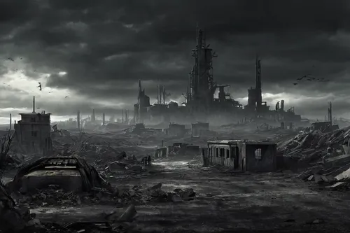 post-apocalyptic landscape,destroyed city,post apocalyptic,fallout4,post-apocalypse,wasteland,apocalyptic,black city,industrial landscape,fallout,desolation,stalingrad,pripyat,environmental destruction,desolate,dystopian,apocalypse,dark world,slums,war zone,Conceptual Art,Fantasy,Fantasy 33