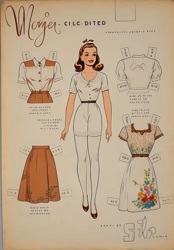 Vintage Paper dolls 1950s women in white shirt,  lace white french knickers with brown boot shoe standing with a set of elegant 1950s dress full color colorful 1950s fashion 1950s clothing,vintage pap