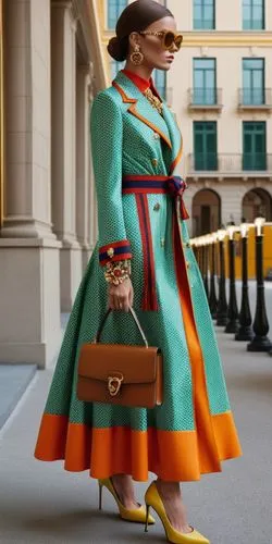 Fashion show ,a woman in an orange, blue and green outfit is holding her purse,marni,galliano,moschini,swiss guard,missoni,valentino,Photography,General,Realistic