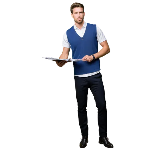 warehouse worker, male, young adult, blue vest, white shirt, black pants, holding clipboard, standing, legs apart, serious expression, realistic, soft lighting, 3/4 composition, shallow depth of field