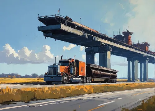 container train,inland port,rail transport,industrial landscape,container cranes,merchant train,freight trains,road train,truck stop,through-freight train,highway bridge,rail road,interstate,container freighter,freight,trestle,railroad bridge,mixed freight train,highway,heavy transport,Conceptual Art,Sci-Fi,Sci-Fi 01