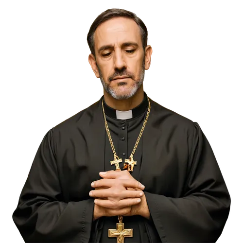 Catholic priest, middle-aged, solemn expression, white collar, black robes, golden crucifix, clasped hands, dim lighting, warm color tone, cinematic composition, shallow depth of field, soft focus on 