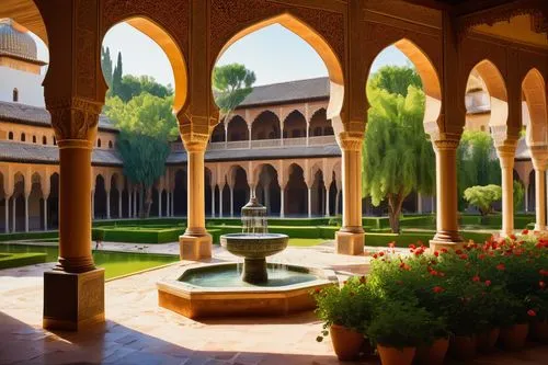 alcazar of seville,alhambra,persian architecture,kashan,isfahan,iranian architecture,esfahan,courtyard,alcazar,isfahan city,inside courtyard,caravansary,yazd,courtyards,zayandeh,caravanserais,cloistered,diwan,samarqand,behesht,Illustration,Retro,Retro 11