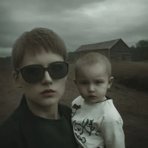 a young man holding a small child next to an old cabin,yevgeny,vintage boy and girl,yazoo,grimes,boy and girl,raveonettes,Photography,Documentary Photography,Documentary Photography 27