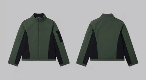 Render a photorealistic image of a forest green, full-zip jacket made out of cordura with a relaxed fit. The jacket should have a matte black zipper. Include a large kangaroo pocket on the front, with