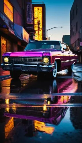 Lowrider car, customized, vibrant paint job, chrome rims, hydraulic suspension, lowered stance, angular lines, sleek design, urban street, cityscape at dusk, neon lights reflecting off wet pavement, d