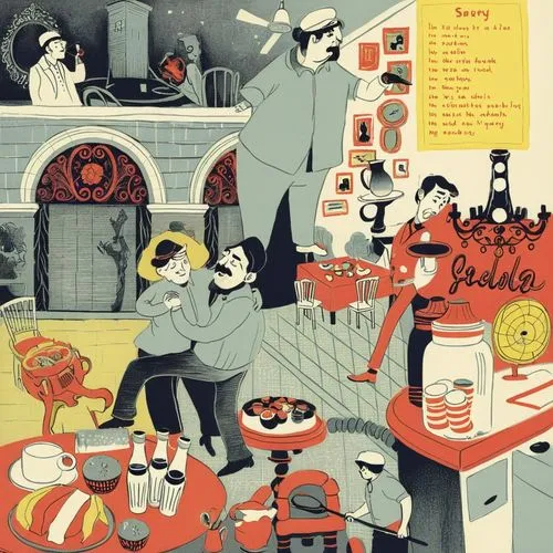 Use light beige black dark red and a bit of bright yellow only add depth just colour the drawing as it is 
,this poster depicts diners in their own kitchen,launderette,cd cover,cooking book cover,bawd