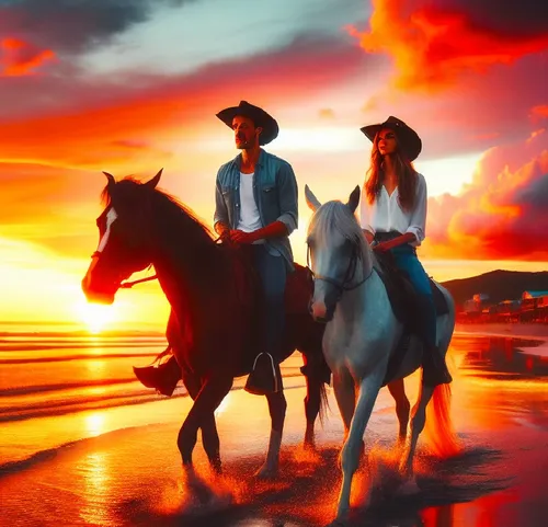 there are two people on the horse with sunset,western riding,westerns,vaqueros,charreada,rednex,horse riders