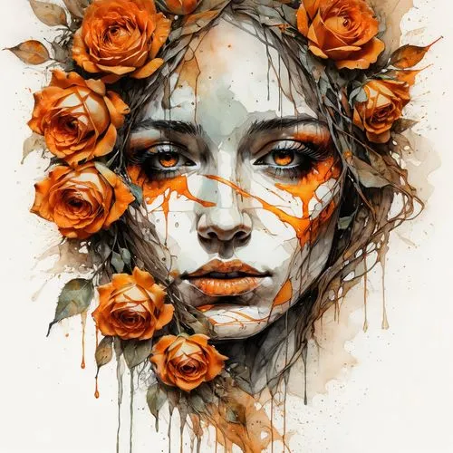 orange roses,orange rose,boho art,dried rose,dried flower,autumn wreath,wilted,flower art,rose flower illustration,rose wreath,dried flowers,girl in a wreath,orange petals,girl in flowers,orange floral paper,thorns,floral wreath,wreath of flowers,falling flowers,yellow orange rose,Illustration,Paper based,Paper Based 13