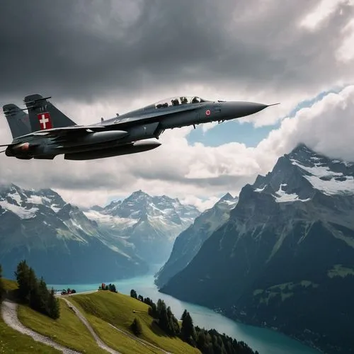 A Swiss overall mid grey F/A 18 Swiss Air Force Fighter flying in the Swiss Alps inverted aerobatics, sunny day some white clouds, sun looking-out behind rain cloud, realistic, authentic and true F/-1