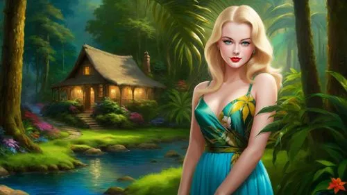 Romantic masterpiece oil painting, beautiful girl portrait, nostalgic 1950's style kitsch, vibrant rainforest landscape, lush tropical jungle paradise, beautiful natural scenery, lost wilderness cotta