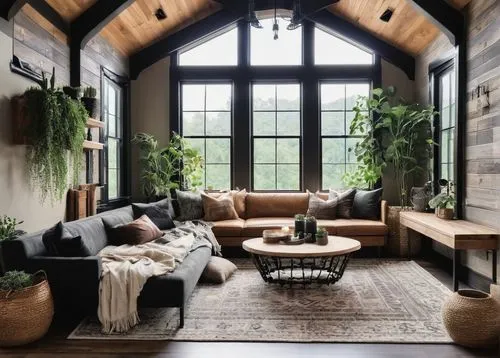 sunroom,living room,rustic aesthetic,loft,interior design,livingroom,scandinavian style,sitting room,modern decor,wooden beams,beautiful home,great room,coziest,rustic,wooden windows,interiors,indoor,coziness,home interior,apartment lounge,Illustration,Realistic Fantasy,Realistic Fantasy 46