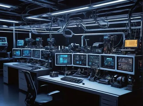 AI-generated text-to-image, futuristic laboratory, sleek metal desk, multiple monitors, wires, futuristic gadgets, high-tech devices, robotic arms, 3D printing machines, neon lights, dark background, 