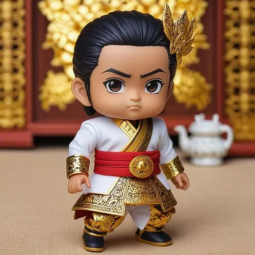 Create a 3D image of a male nendoroid figure with the following details: 3D printed clothes as accessories, using Thermoplastic Polyurethane (TPU) Fabric material. The shirt has 3 circular buttons mad