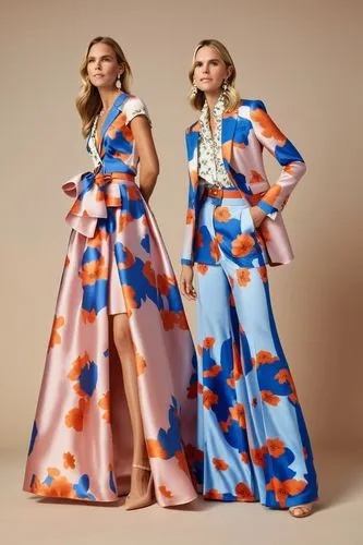 Fashion show ,two women in floral dress standing next to each other,marimekko,marni,dvf,tahiliani,kimonos,siriano,Photography,General,Realistic