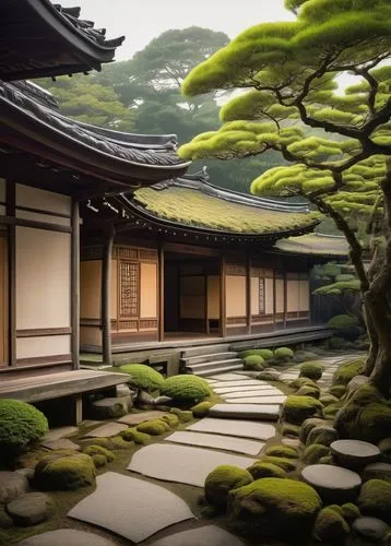 ryokan,teahouses,ryokans,dojo,japanese zen garden,kyoto,teahouse,zen garden,japan garden,japanese-style room,asian architecture,chanoyu,heian,hanok,ginkaku-ji temple,japan landscape,japanese garden,the golden pavilion,golden pavilion,goryeo,Illustration,Realistic Fantasy,Realistic Fantasy 05