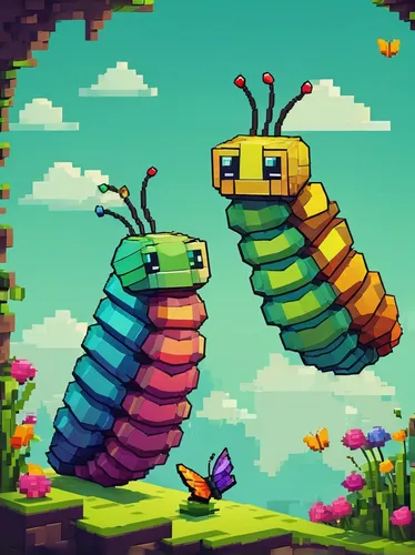 Compose a humorous dialogue between two caterpillars discussing their dream of becoming Peleides butterflies.,pixel art,game illustration,caterpillars,bugs,centipede,rainbow butterflies,android game,b