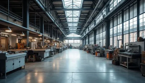 Industrial area, functional design, modern architecture, steel structure, metal beams, concrete floor, exposed pipes, industrial lamps, rows of machinery, factory equipment, conveyor belts, metal crat