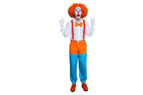 Colorful clown, red nose, exaggerated eyebrows, white painted face, bright orange wig, oversized clothes, suspenders, baggy pants, oversized shoes, holding a horn, making loud noises, close-up shot, s